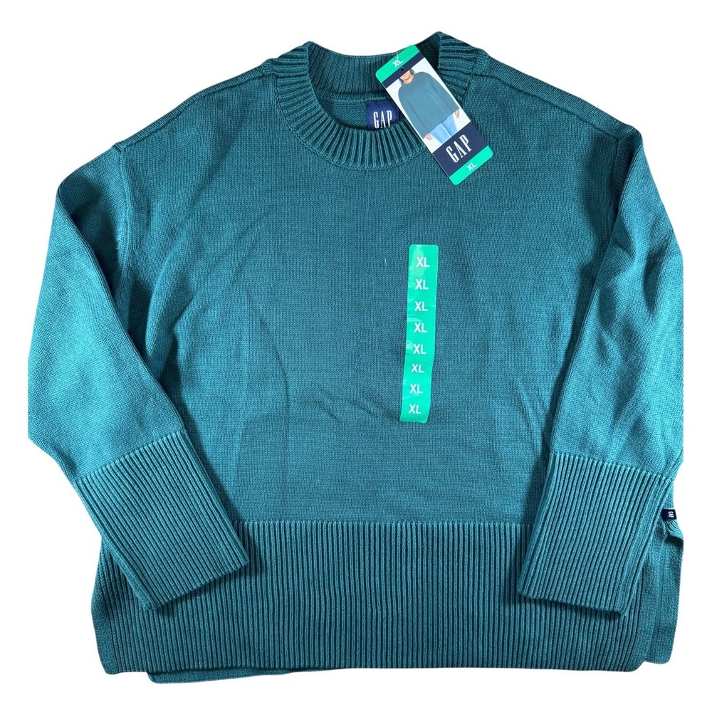NWT GAP‎ Women's XL Green Ribbed Knit Oversized Crewneck Sweater Split Hem